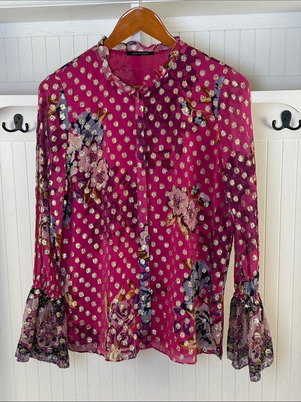 Kobi Halperin Ali Metallic Dot Floral Blouse Small Pink